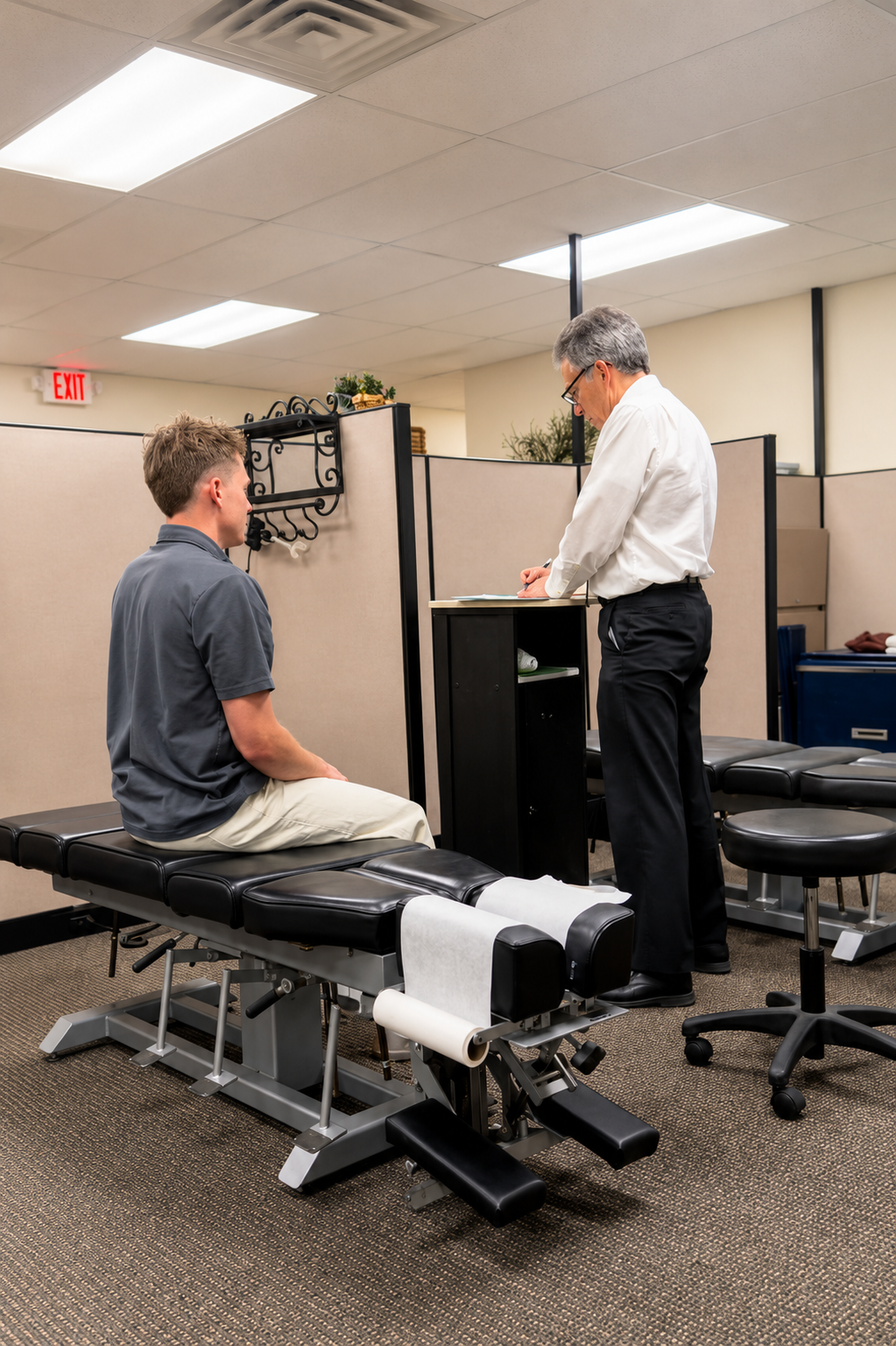 Dr. Anthony Schraedel speaking with a patient in the Farmington clinic